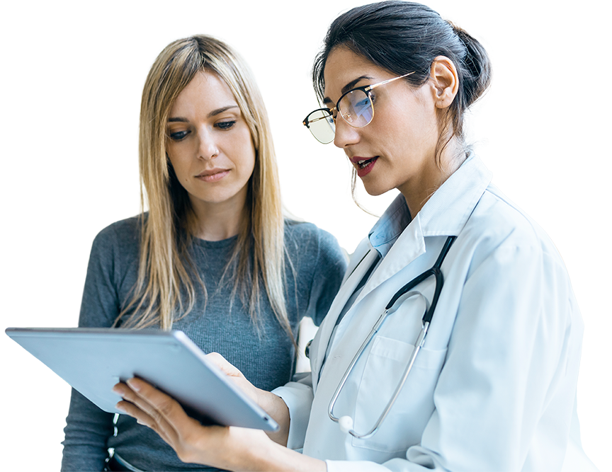 A healthcare provider showing a tablet to a patient